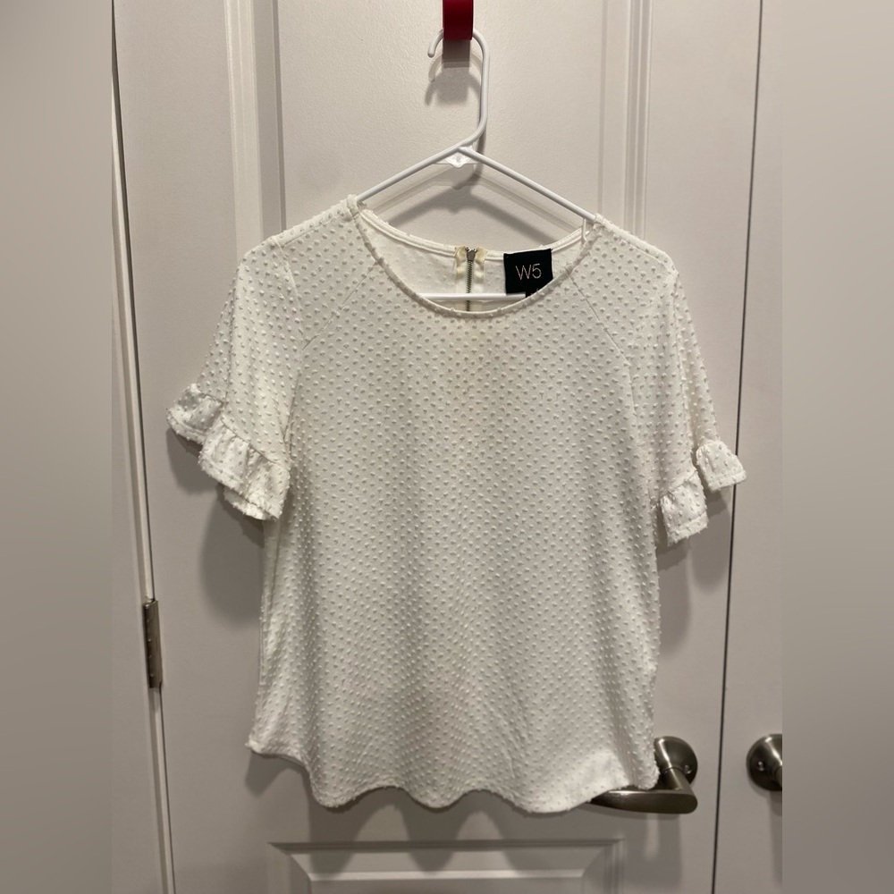 Womens Small White Cream Textured Business Blouse with Ruffle Sleeves
